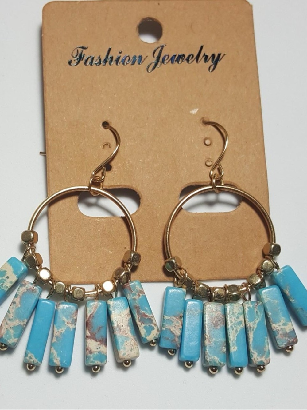 Fashion Jewelry Gold Hoop Earrings with Turquoise-Patterned Dangles